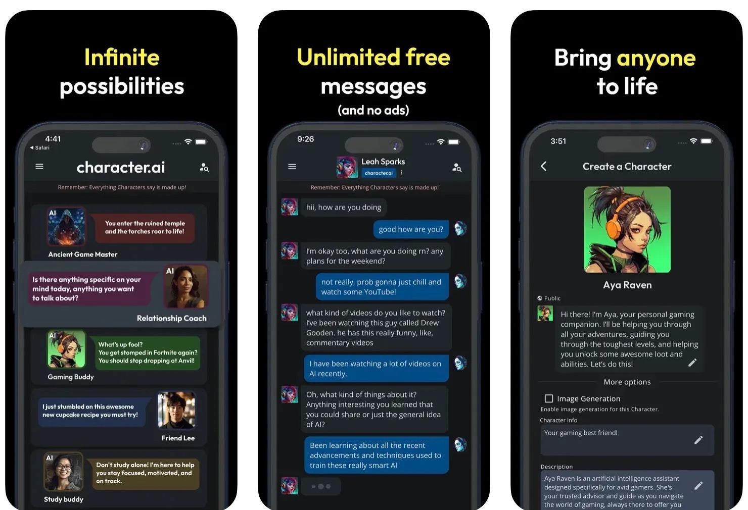 Character.AI : Infinite possibilities · Unlimited free messages (and no ads) · Bring anyone to life