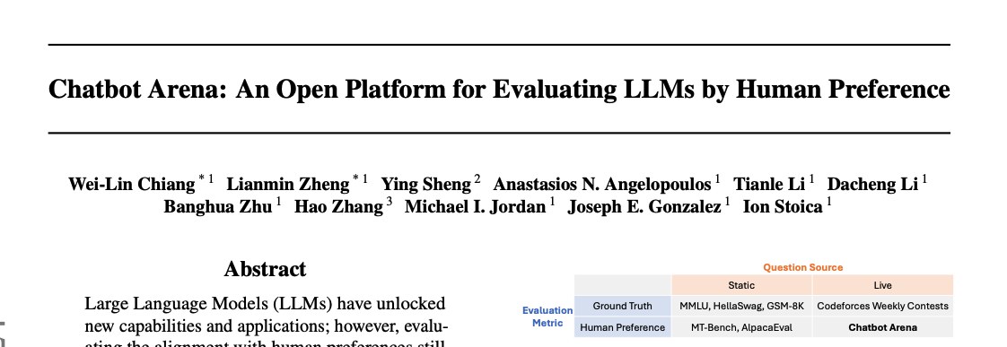 Chatbot Arena: An Open Platform for Evaluating LLMs by Human Preference — 저자 목록 (Wei-Lin Chiang · Anastasios N. Angelopoulos · Ion Stoica 체크)