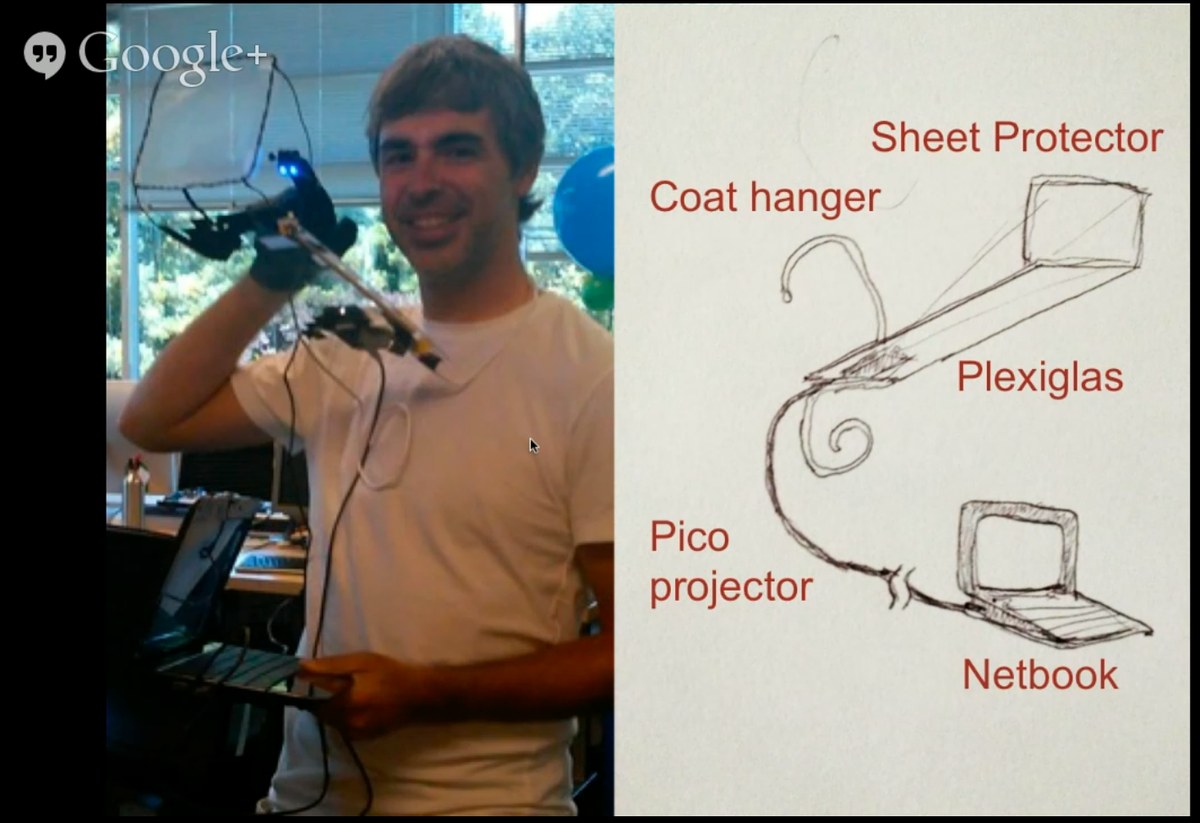 Google Glass 첫 프로토타입 : Coat hanger · Sheet Protector · Plexiglas · Pico projector · Netbook (Google+ 영상)