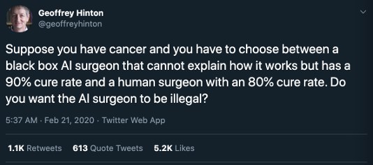 Geoffrey Hinton (@geoffreyhinton), 2020.2.21 : Suppose you have cancer and you have to choose between a black box AI surgeon that cannot explain how it works but has a 90% cure rate and a human surgeon with an 80% cure rate. Do you want the AI surgeon to be illegal?
