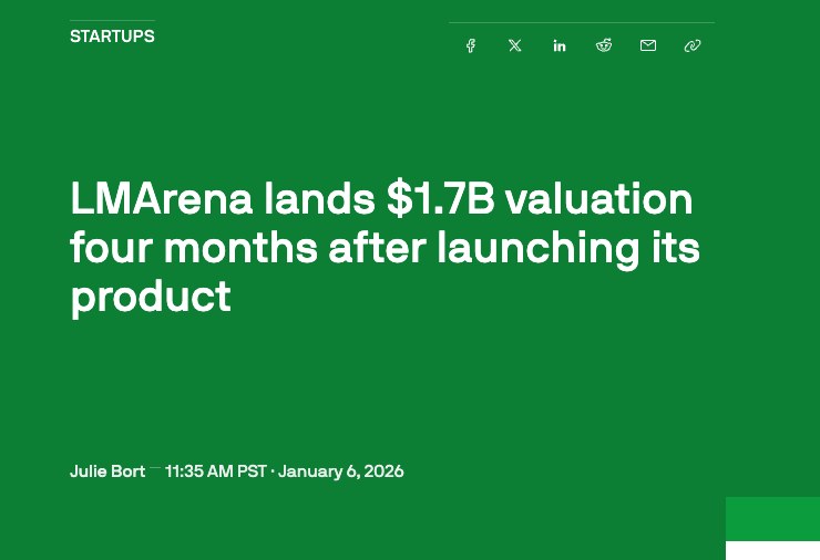 TechCrunch : LMArena lands $1.7B valuation four months after launching its product (Julie Bort, 2026.1.6)