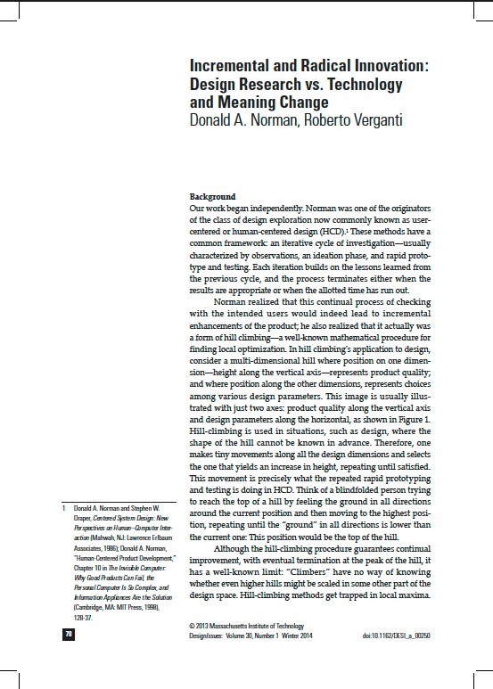 Incremental and Radical Innovation: Design Research vs. Technology and Meaning Change — Donald A. Norman, Roberto Verganti (Design Issues, 2014)
