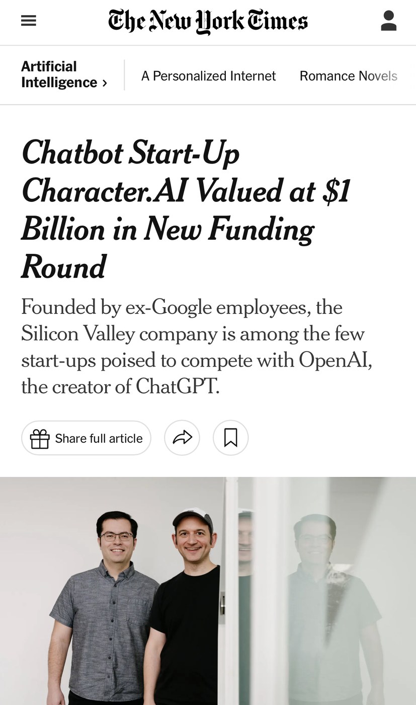 The New York Times : Chatbot Start-Up Character.AI Valued at $1 Billion in New Funding Round