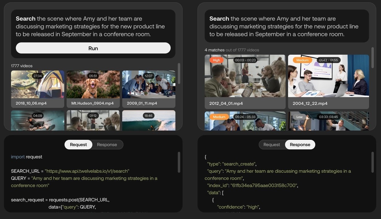 Twelve Labs 영상 검색 API 데모 : Search the scene where Amy and her team are discussing marketing strategies…