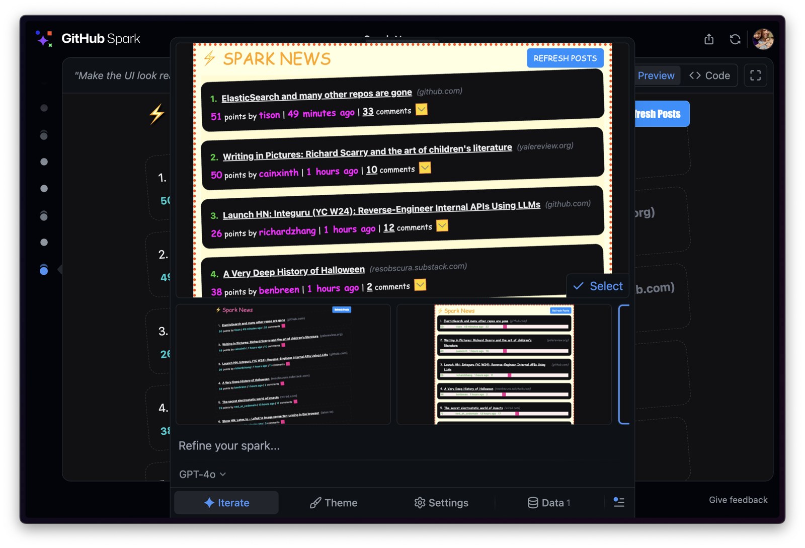 GitHub Spark : 모호한 수정 요청에는 변형 여러 개를 생성해 고르게 한다